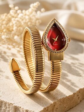 Gold Serpent Wrap Watch Red Crystal Statement Bracelet